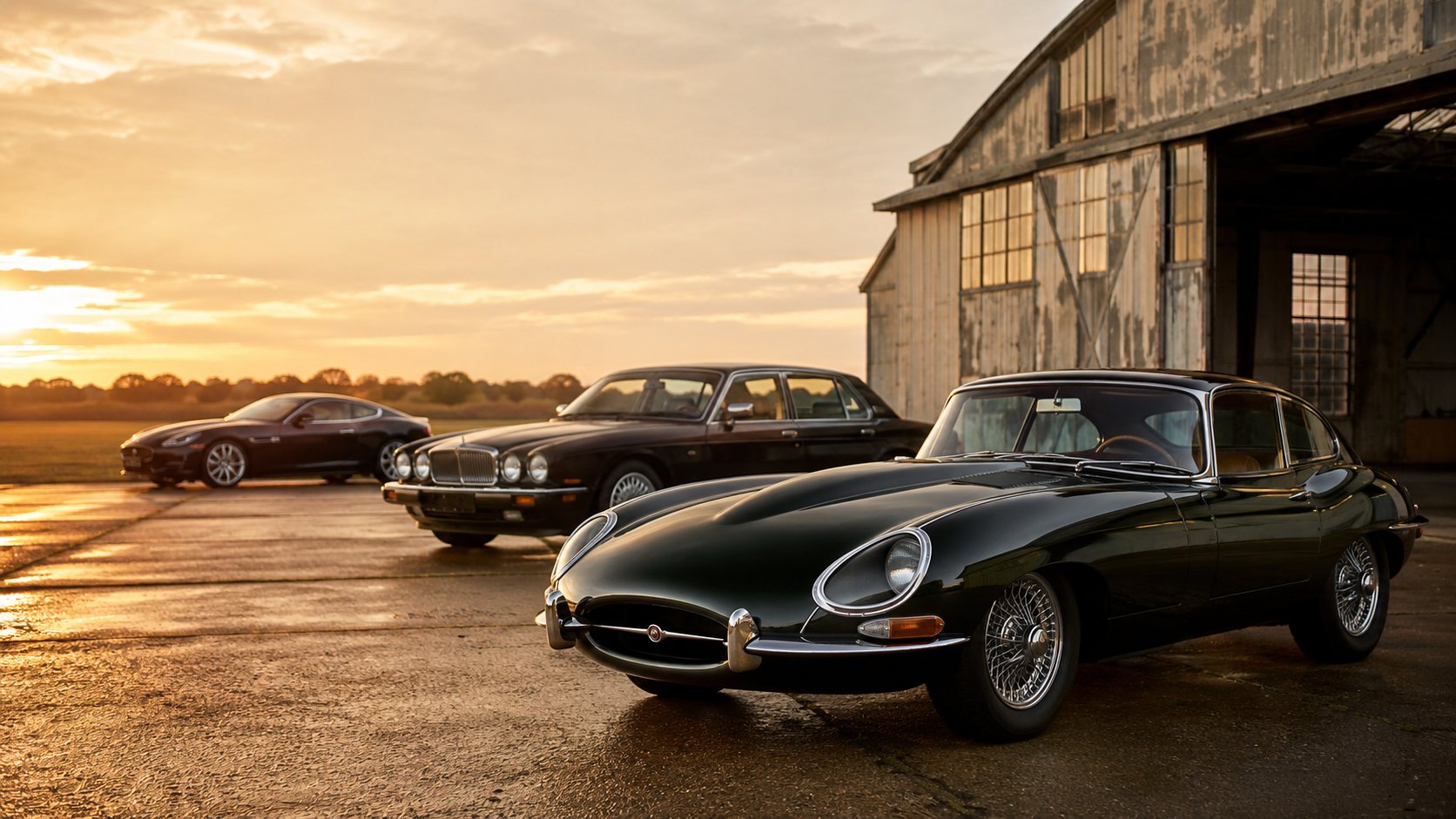 Classic and modern Jaguar cars at a British heritage airfield setting